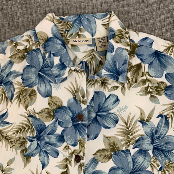 Womens Analogy  Floral Button Down Shirt Blue Ivory Collared Top Medium 100%Rayo - Picture 3 of 12